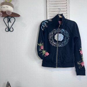 JOHNNY WAS NAVY BLUE ZIP UP EMBROIDERED JACKET